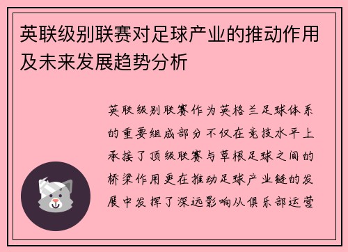 英联级别联赛对足球产业的推动作用及未来发展趋势分析