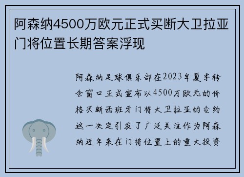 阿森纳4500万欧元正式买断大卫拉亚门将位置长期答案浮现
